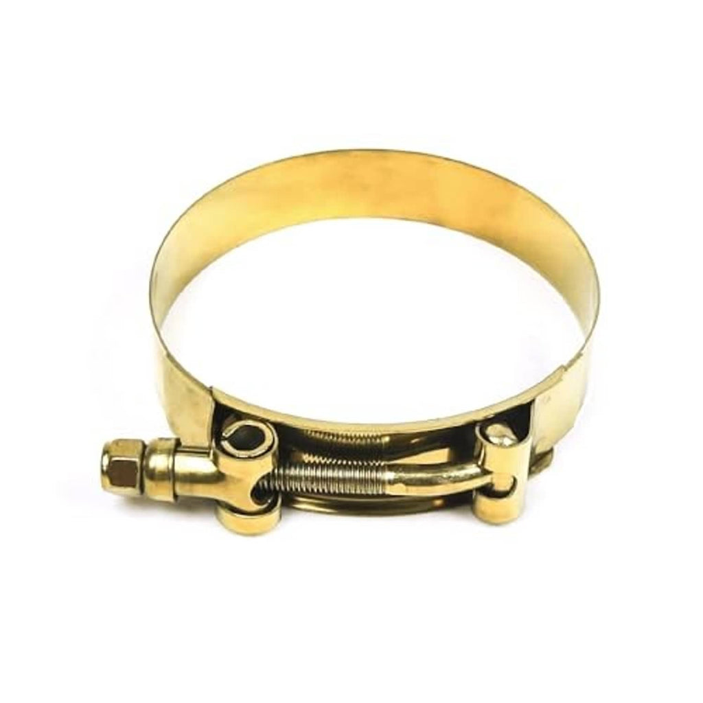 Gold stainless T-bolt hose clamp with threaded screw, band, and two clamp tabs.