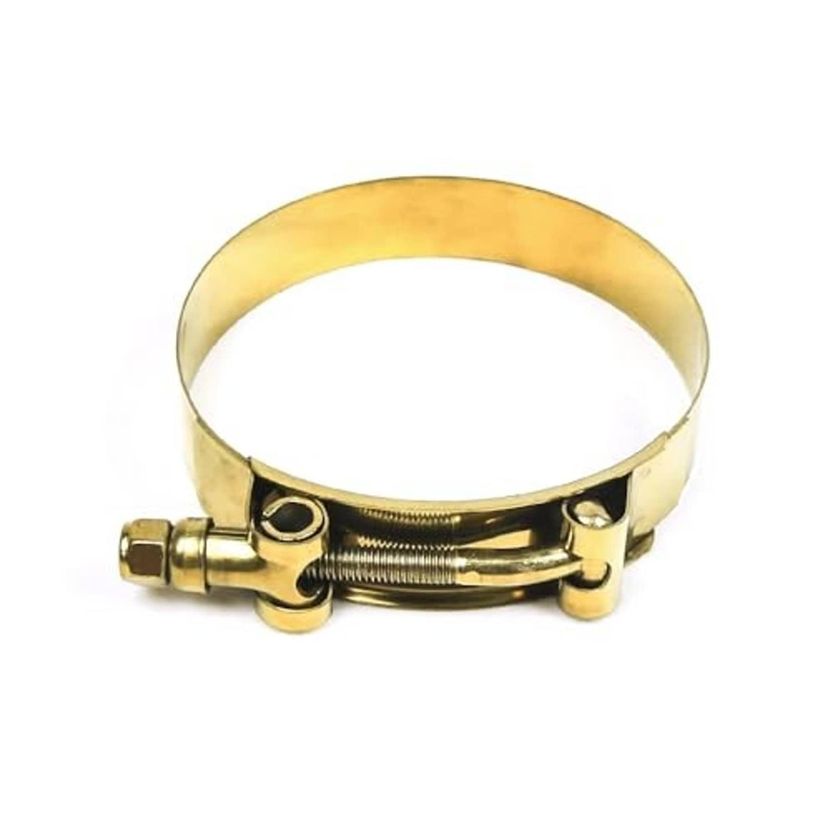 Gold stainless T-bolt hose clamp with threaded screw, band, and two clamp tabs.