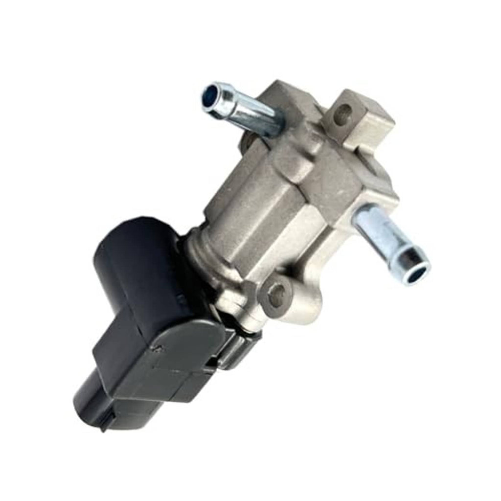 Idle air control (IAC) valve motor angled view with black intake housing and metal fittings