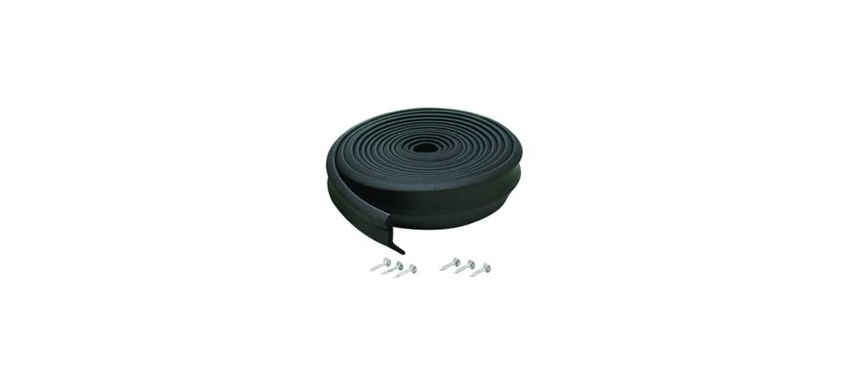 Dark rubber garage door seal roll with mounting hardware (kit contents)