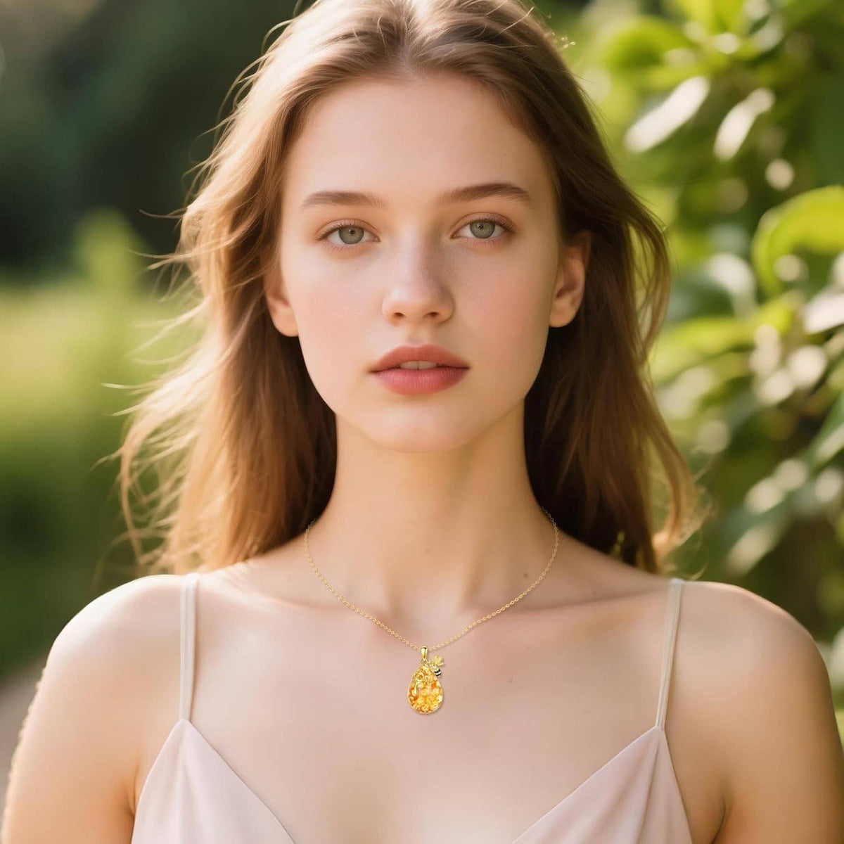 Gold bee pendant necklace on delicate chain, worn on a woman’s neckline