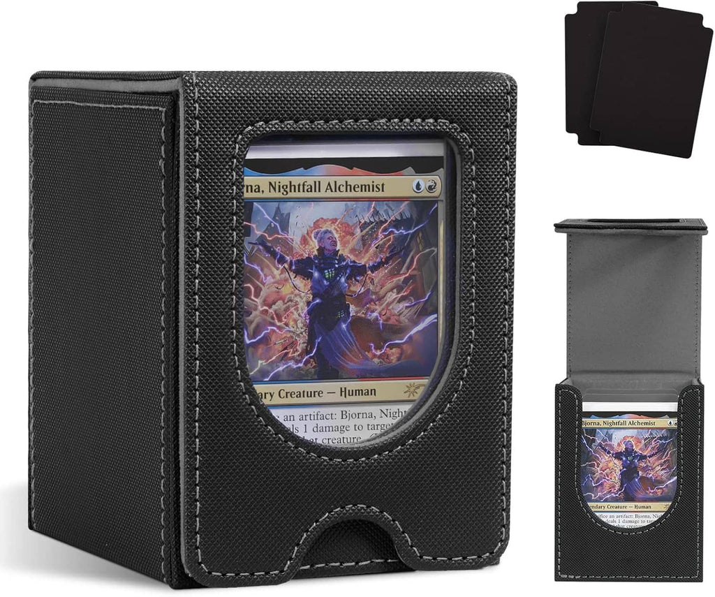 Black card deck box with front oval cutout display window and protective textured fabric
