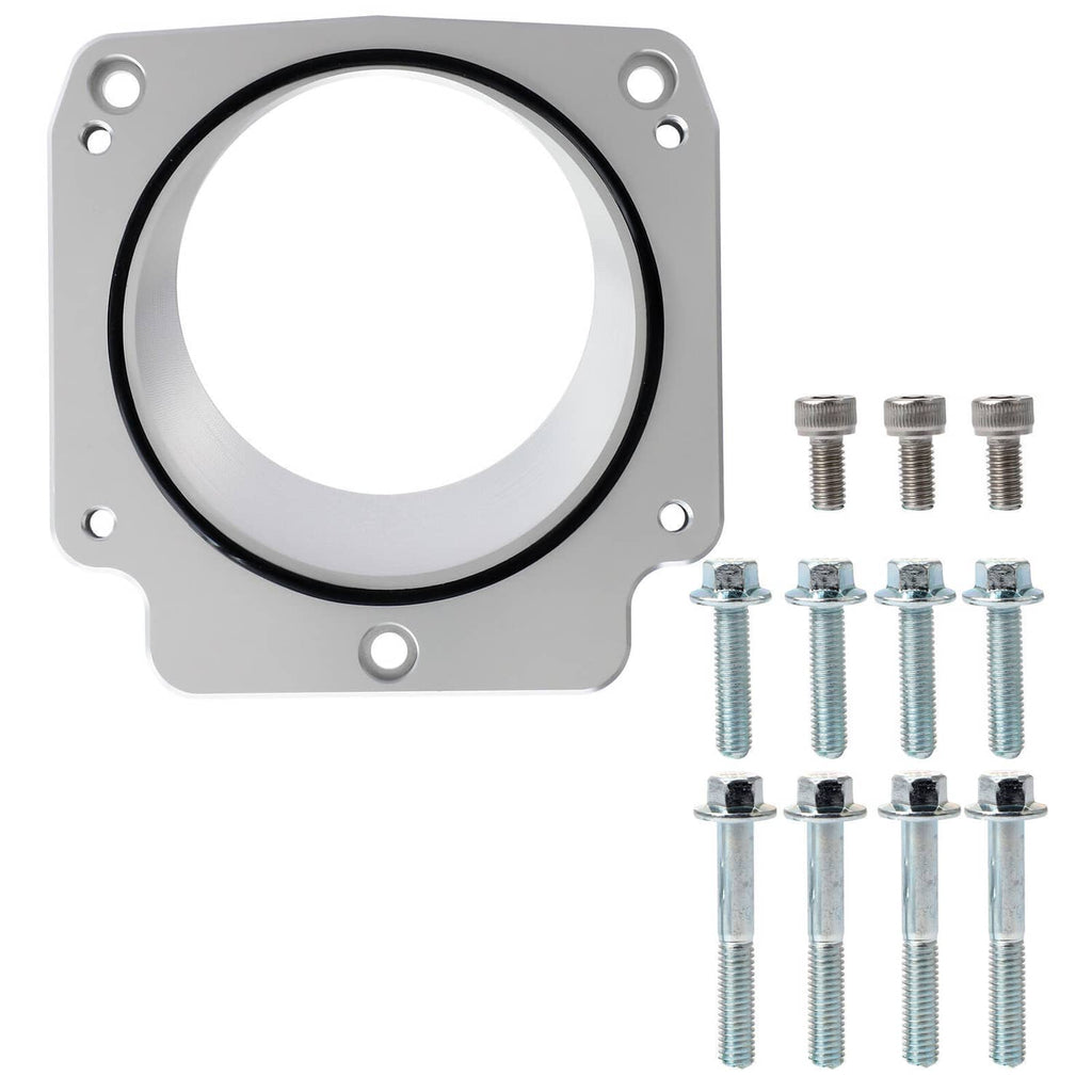 Throttle body sealing ring adapter with black gasket, mounting plate, and included bolts