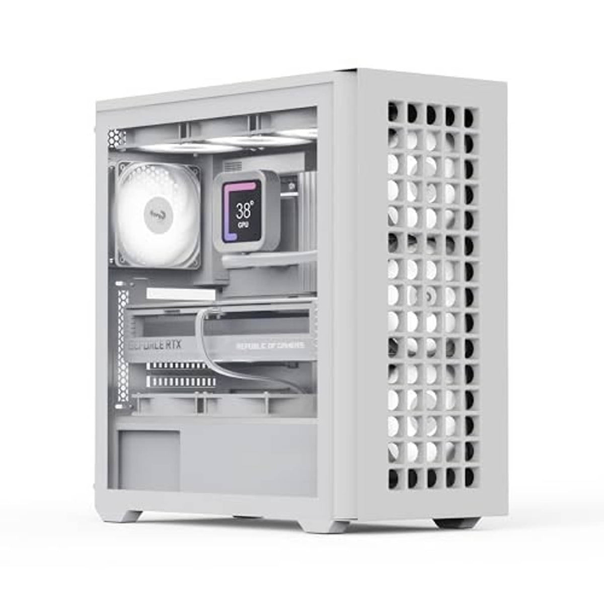 White mid-tower PC case with open interior and mesh front, visible front fan and cooling space