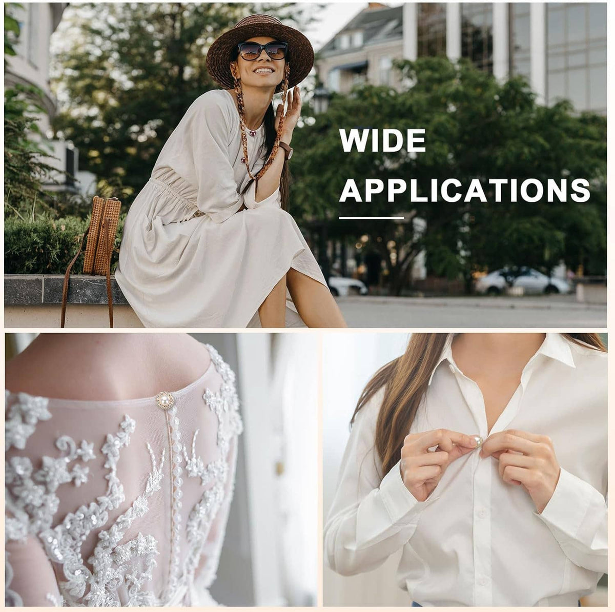 Clothing with pearl-look round buttons at the front closure