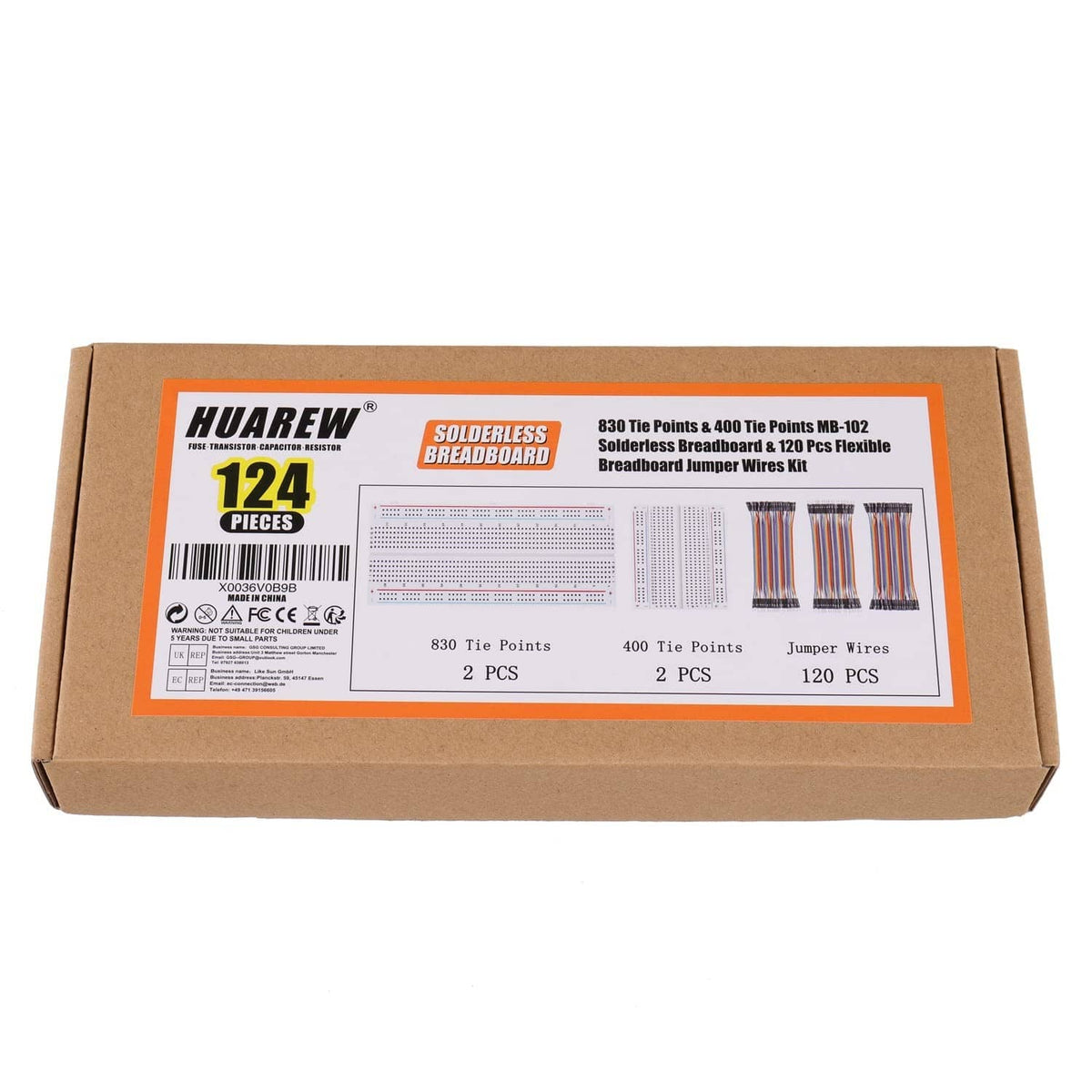 HUAREW breadboard and jumper wire kit box, 124-piece set packaging