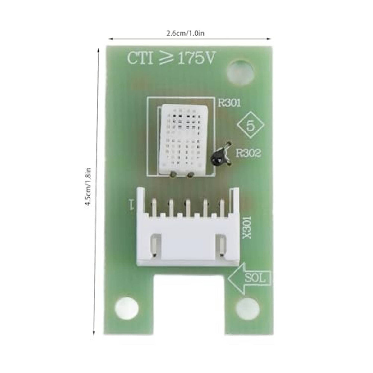 Green humidity sensor circuit board with labeled components and two mounting holes