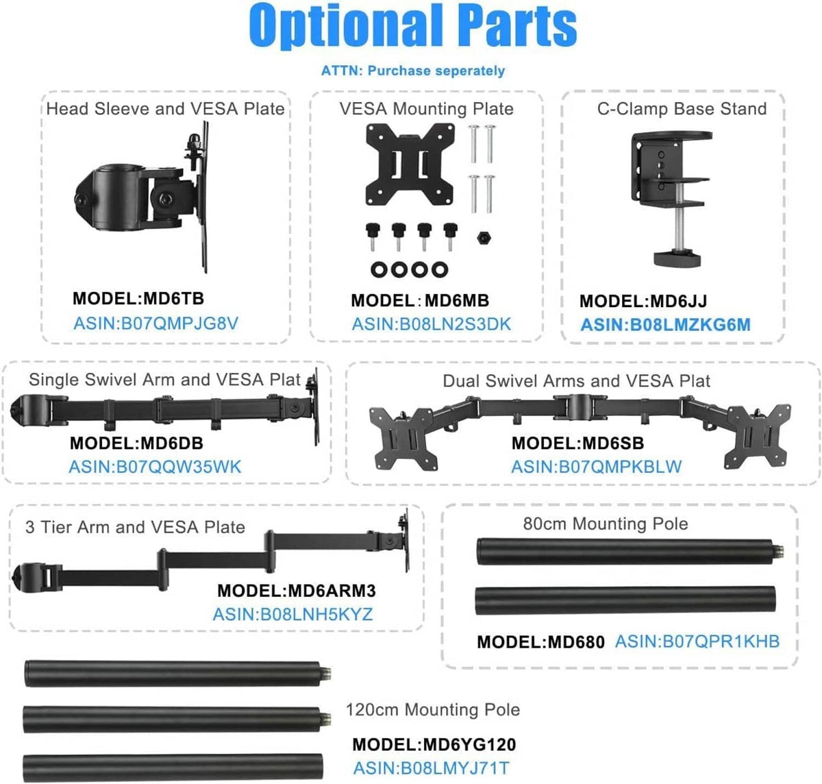 Monitor arm optional parts diagram: VESA plates, clamp base, and mounting poles