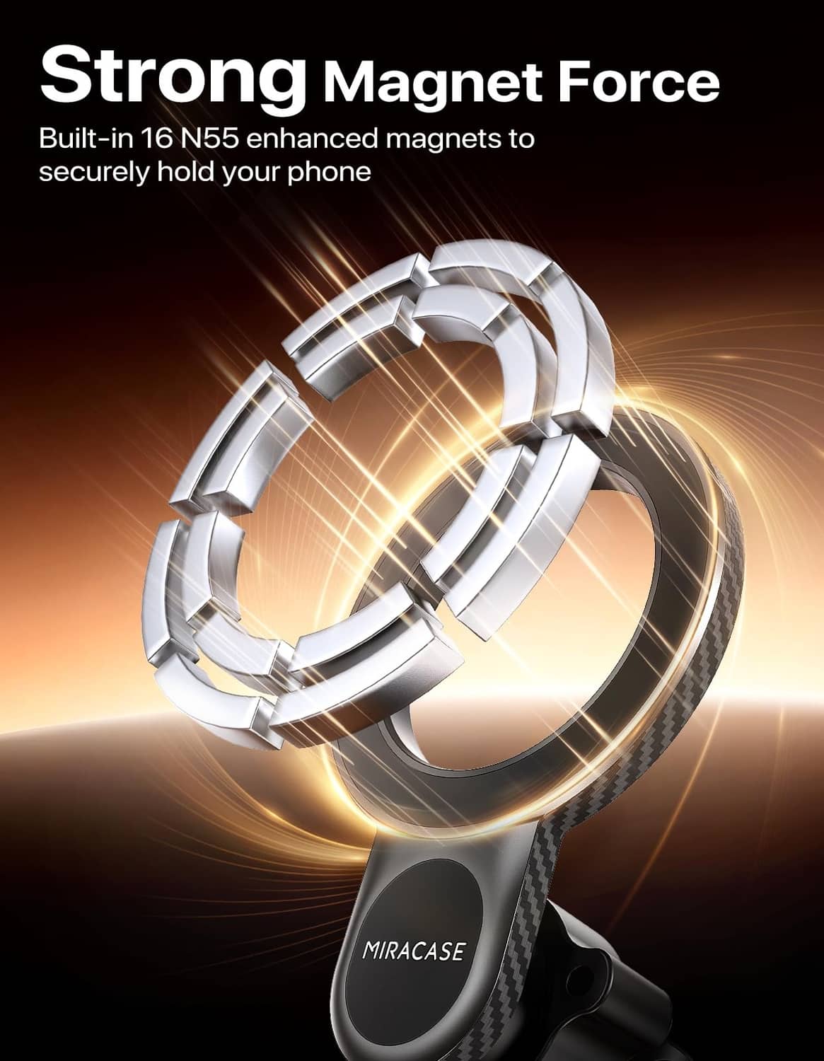 MagSafe car mount strong magnetic force clip with silver metal ring and black base
