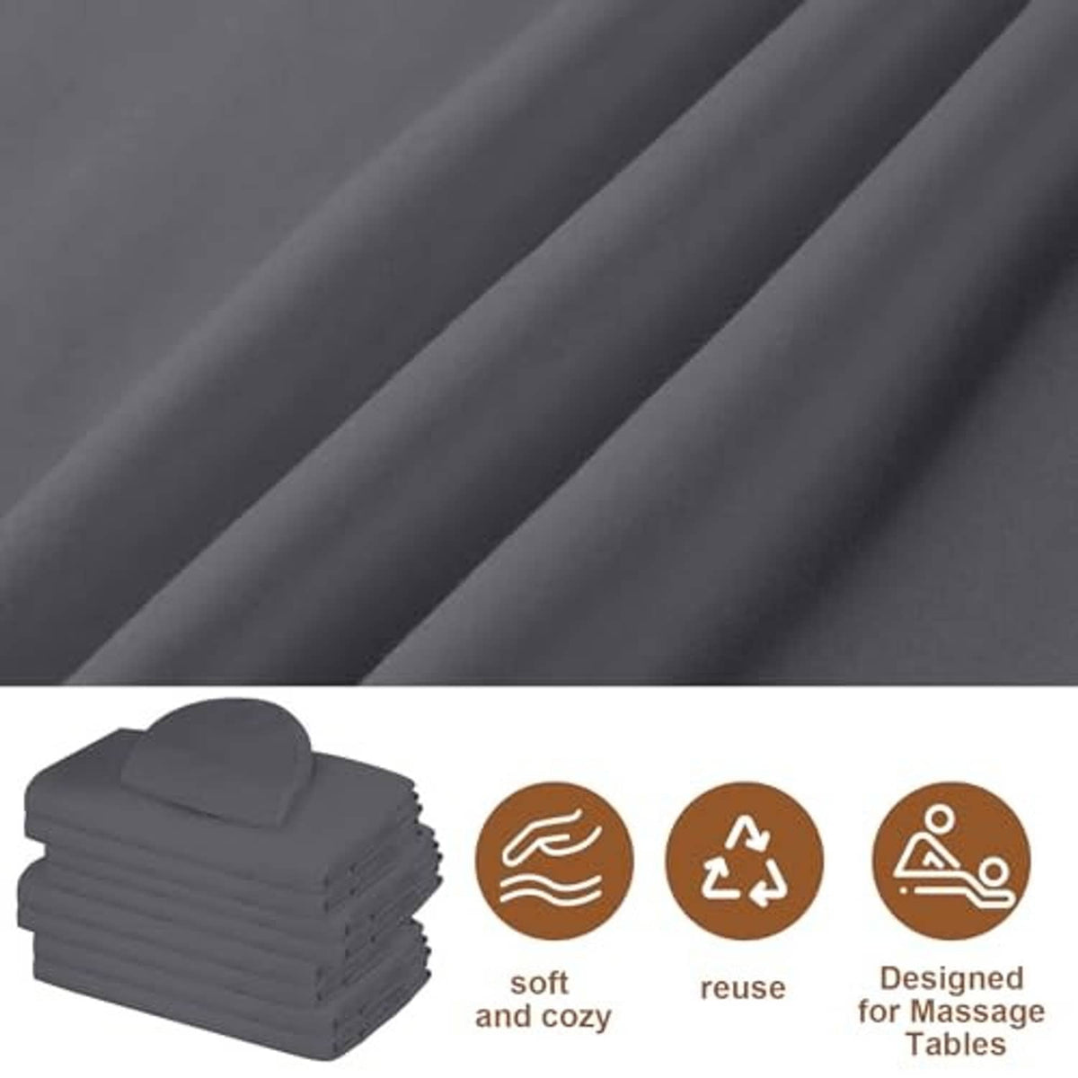 Gray microfiber sheet fabric close-up with stacked fitted covers and face rest pad