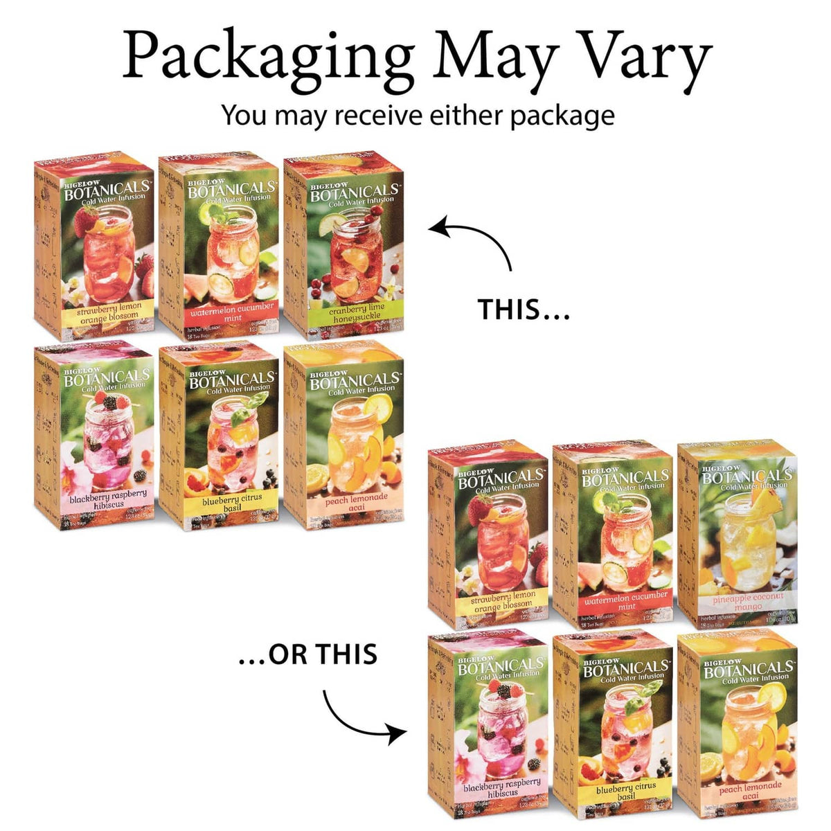 Assorted Bigelow cold water infusion tea boxes, packaging may vary
