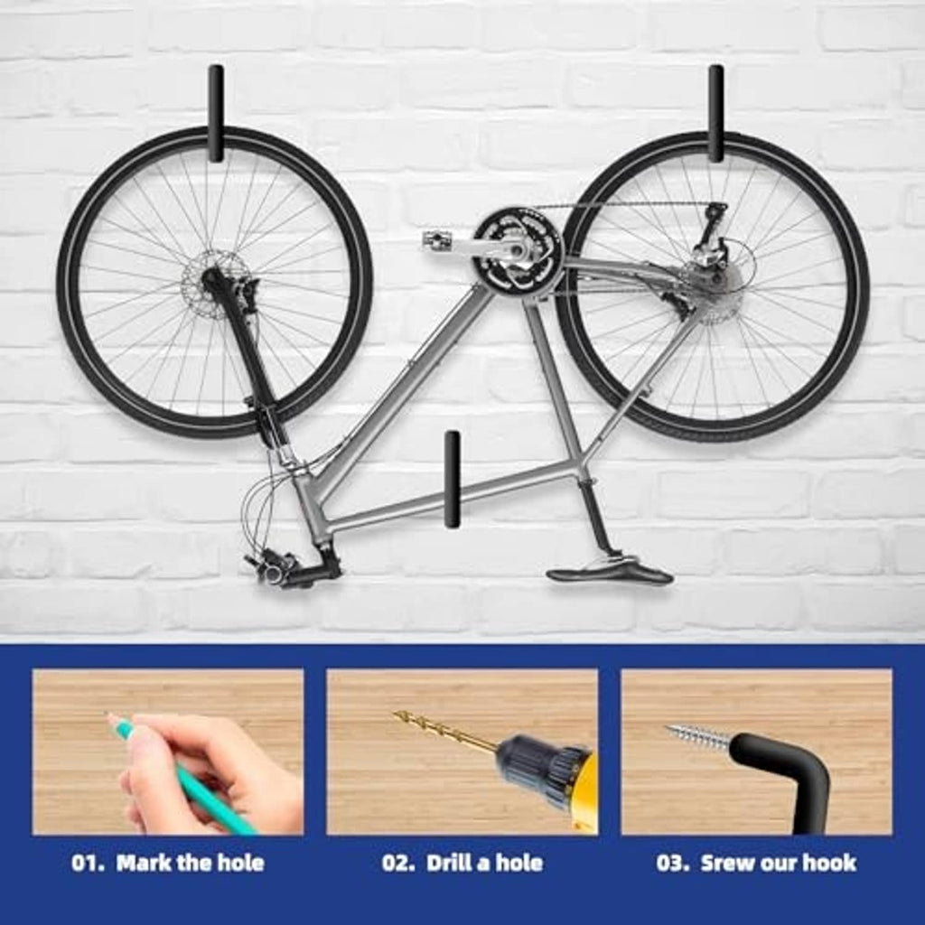 Black ladder wall hooks mounting points supporting a bicycle storage setup