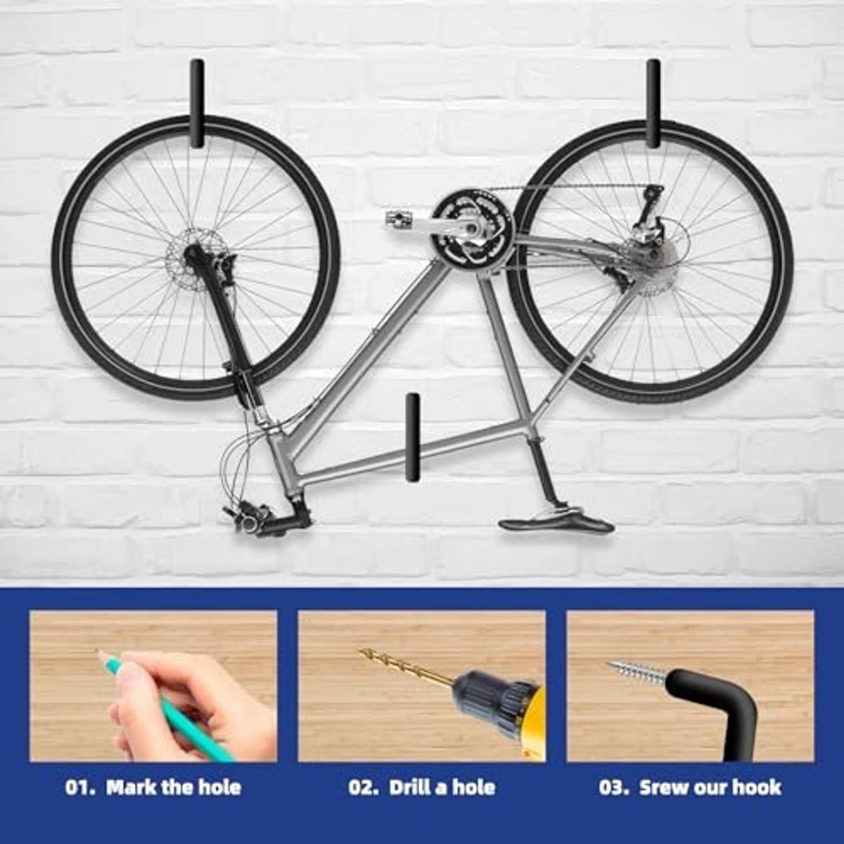 Black ladder wall hooks mounting points supporting a bicycle storage setup