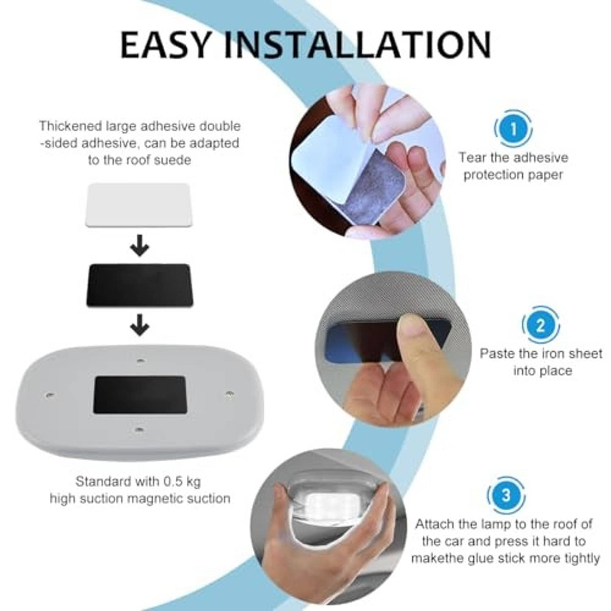 Gray magnetic LED dome light with two adhesive mounting pads