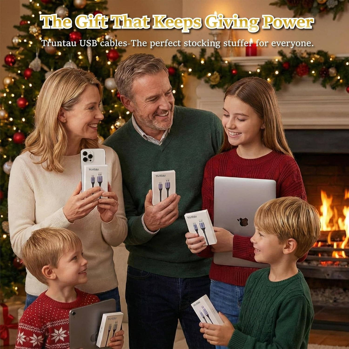 White USB charging cable pack held by a family near a holiday fireplace