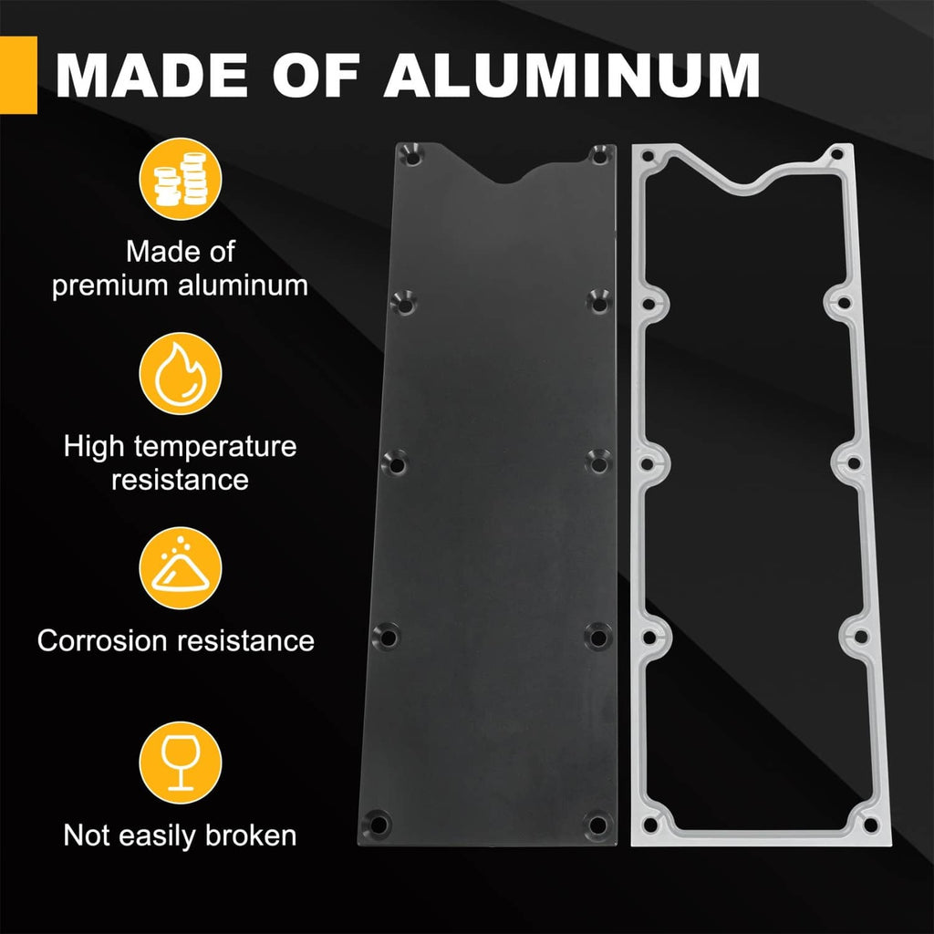 Black valley cover plate beside silver gasket frame, shown on aluminum construction graphic