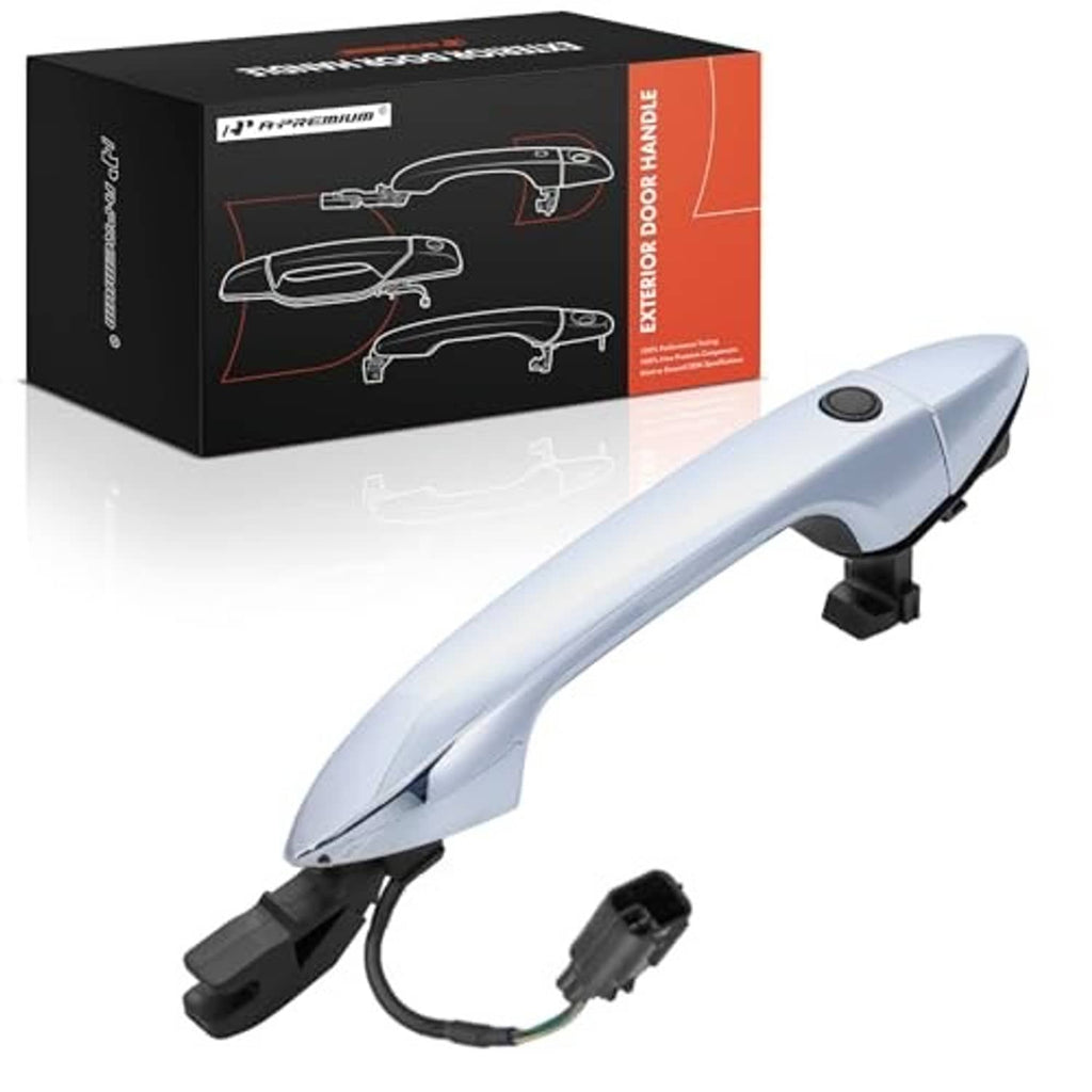 Light blue front right exterior door handle with black mounting clips and key cylinder opening