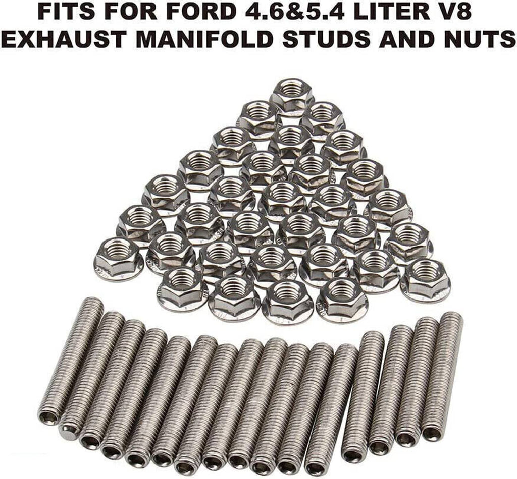 Stainless steel exhaust manifold stud and nut kit, threaded studs and hex flange nuts