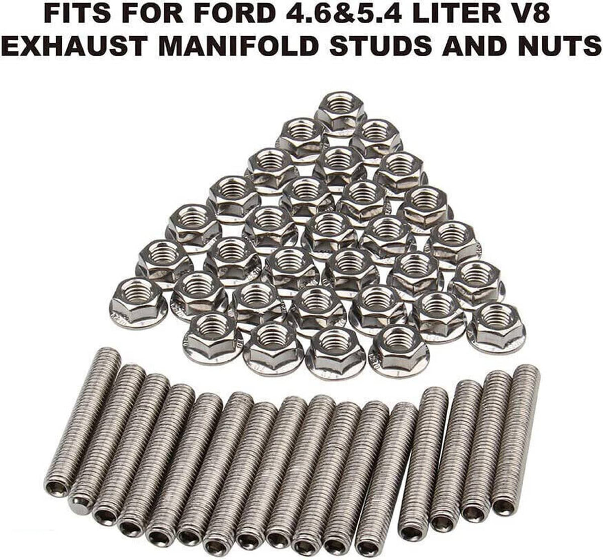 Stainless steel exhaust manifold stud and nut kit, threaded studs and hex flange nuts