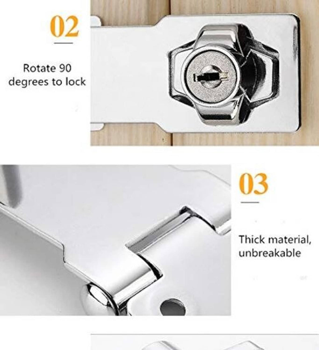 Keyed hasp lock twist knob on silver plate, rotating to lock