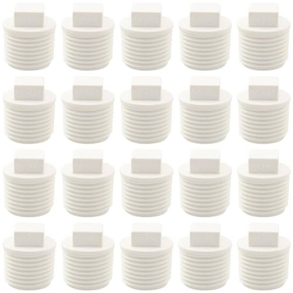 White PVC 1/2 in male thread blind cap plugs, multiple in rows