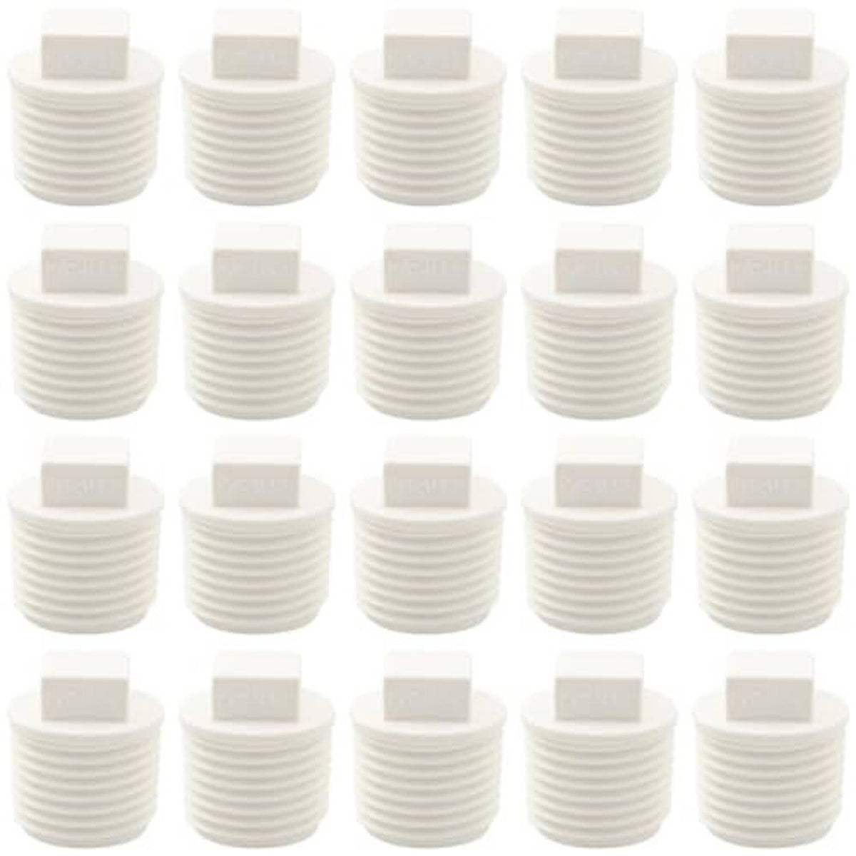 White PVC 1/2 in male thread blind cap plugs, multiple in rows