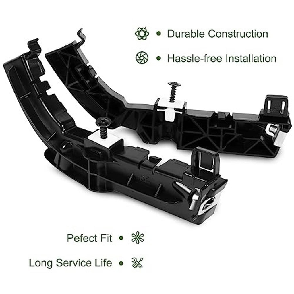 Black front bumper support brackets with screws and mounting clips, complete kit