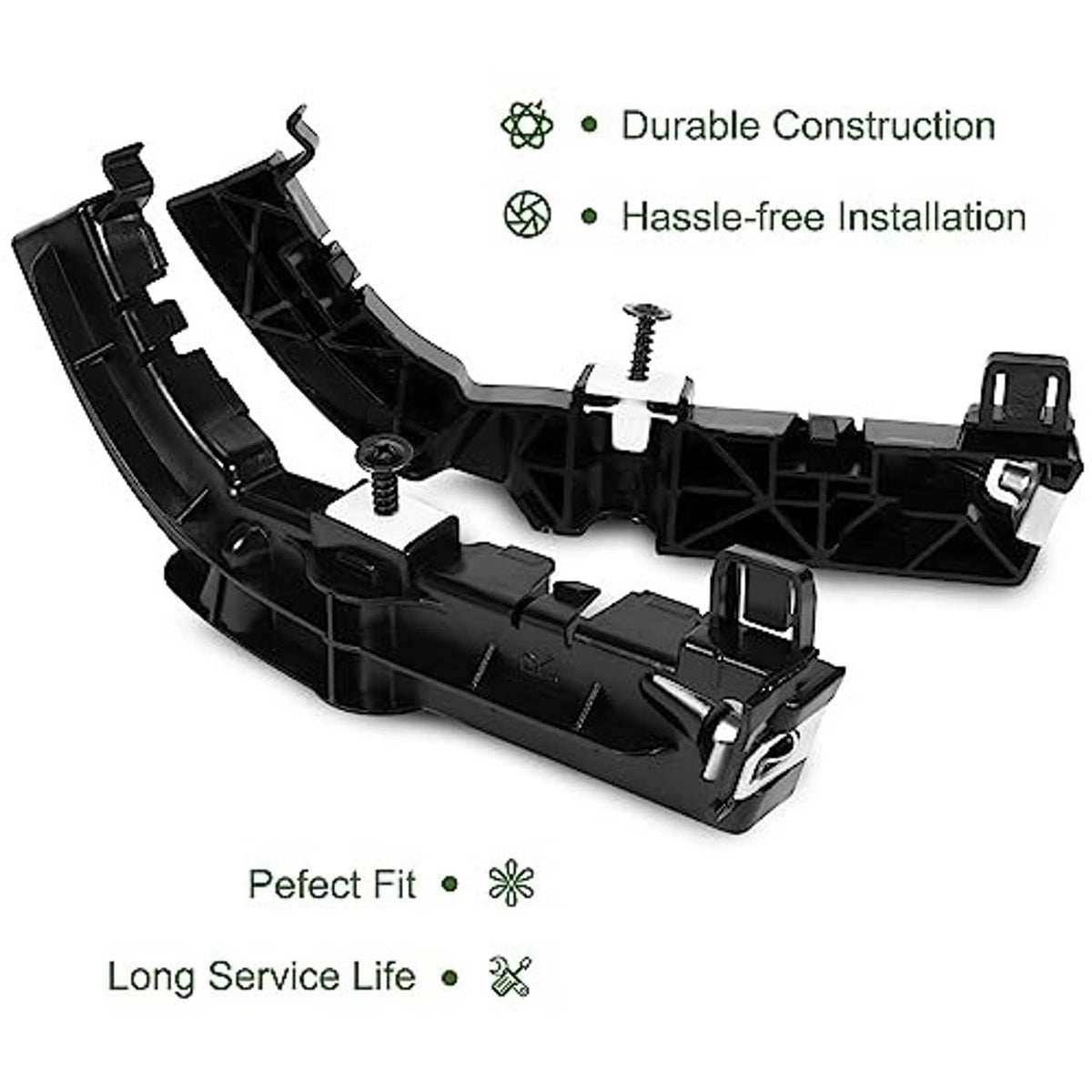 Black front bumper support brackets with screws and mounting clips, complete kit
