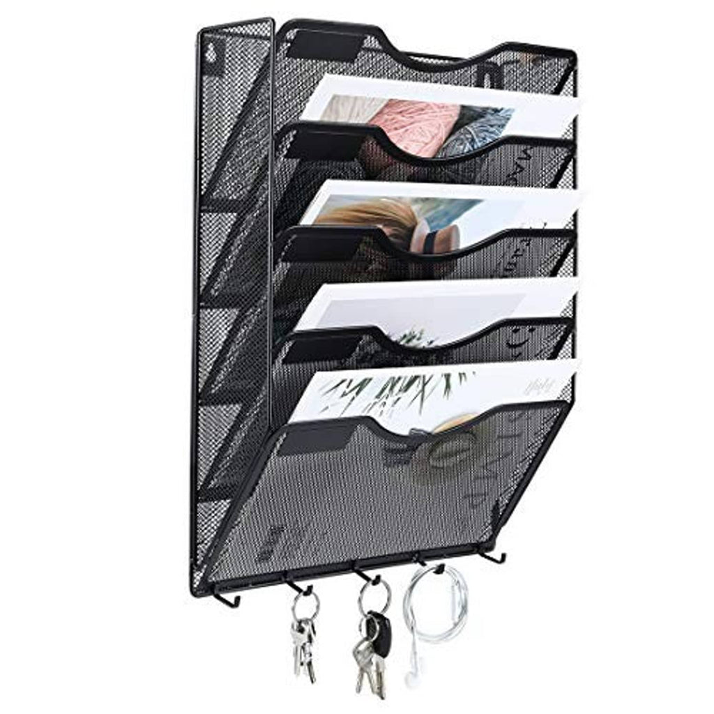 Black vertical mesh wall organizer with 5 pockets and hanging key hooks
