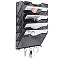Black vertical mesh wall organizer with 5 pockets and hanging key hooks
