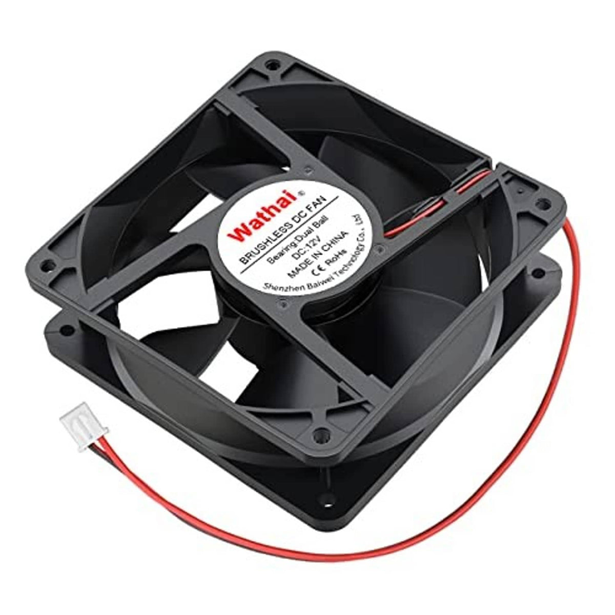 120mm black cooling fan with red power wires, brushless DC motor, 2-pin connector
