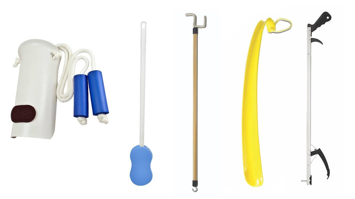 Hip and knee recovery kit with sock aid and dressing reach tools set