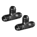 Two black AN flare tee fittings, aluminum, 3-way T shape with threaded ends
