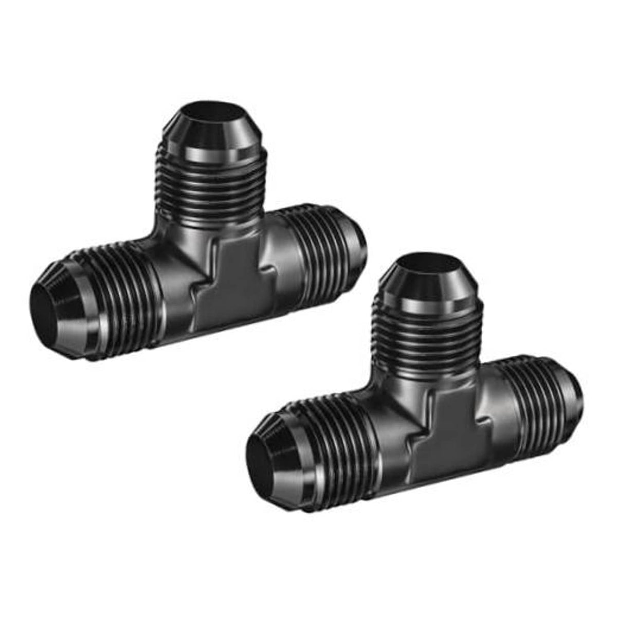 Two black AN flare tee fittings, aluminum, 3-way T shape with threaded ends