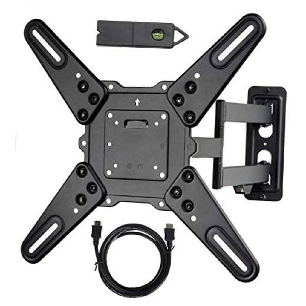 TV wall mount bracket kit with arms, mounting plate, HDMI cable, and magnetic stud finder