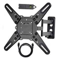 TV wall mount bracket kit with arms, mounting plate, HDMI cable, and magnetic stud finder