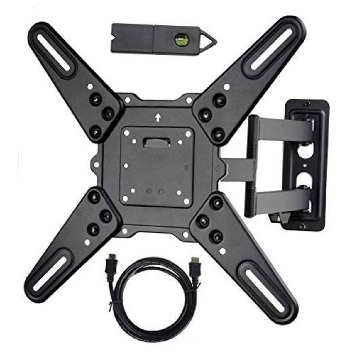 TV wall mount bracket kit with arms, mounting plate, HDMI cable, and magnetic stud finder