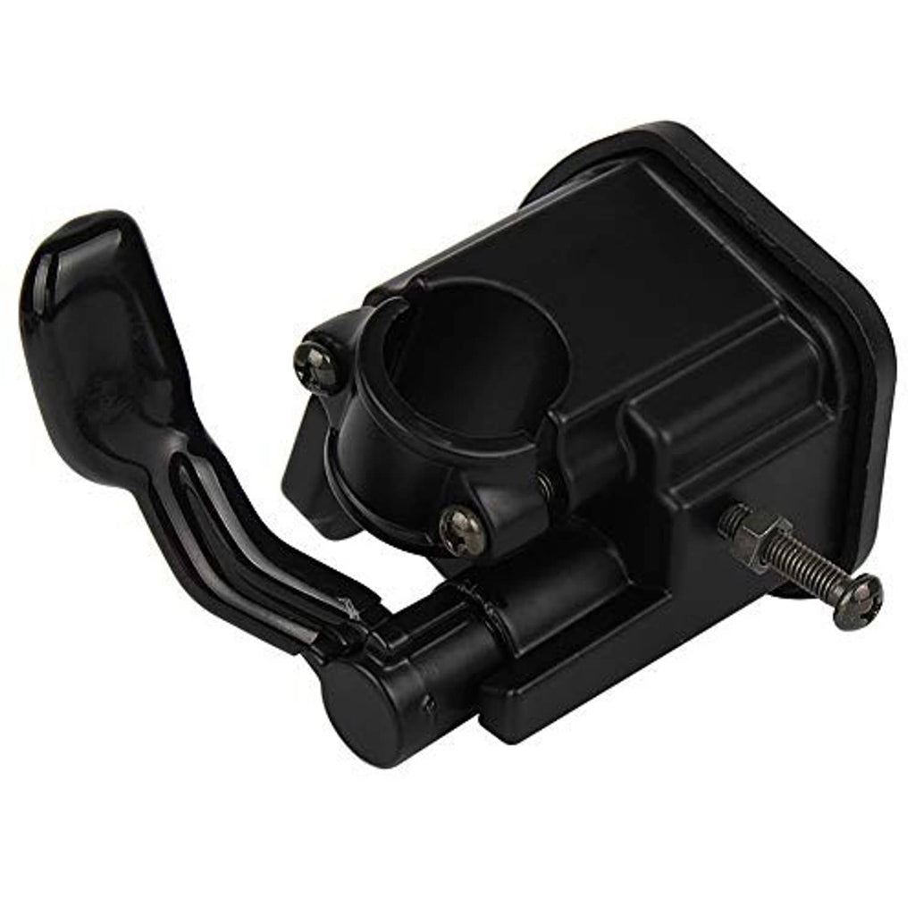 Black thumb throttle assembly with lever, circular opening, and two mounting screws