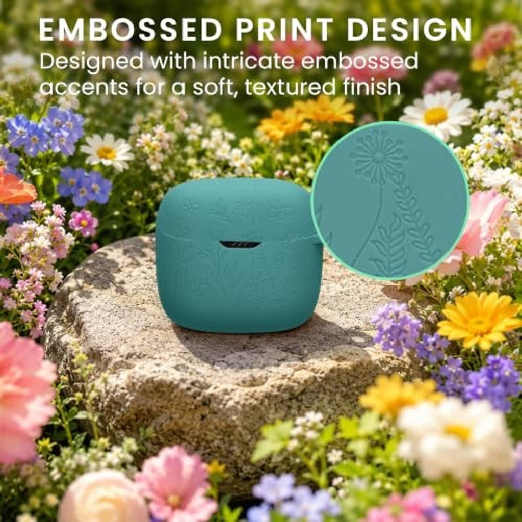Teal silicone earbud case with embossed floral pattern and textured detail