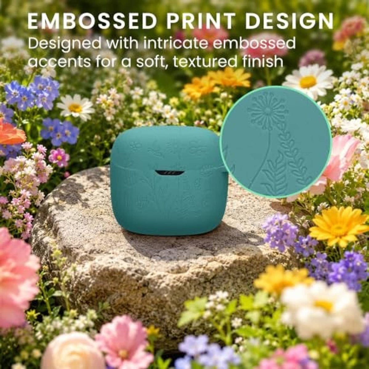 Teal silicone earbud case with embossed floral pattern and textured detail