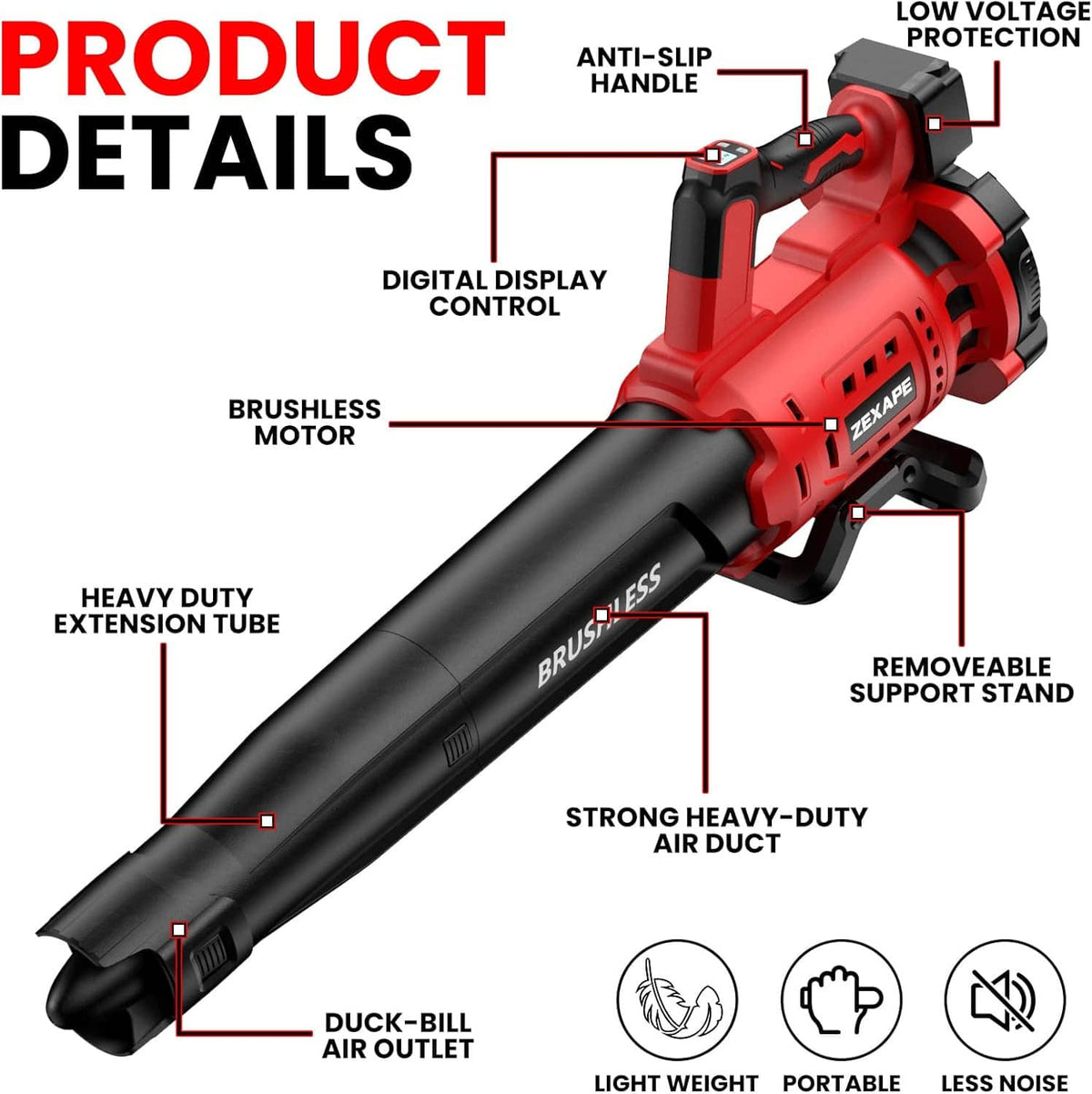 Cordless leaf blower detail view: digital display, heavy-duty tube, support stand