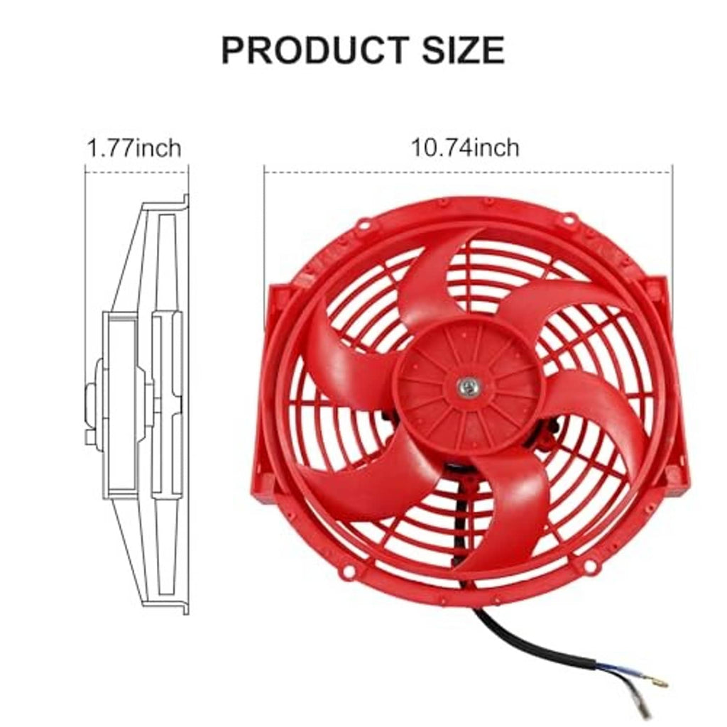 Red 10-inch radiator cooling fan assembly with size diagram and black power lead
