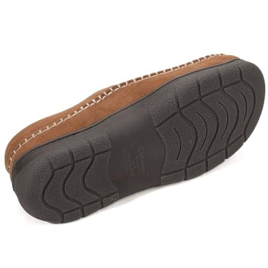 Men's tan suede moccasin slipper outsole with textured dark rubber tread