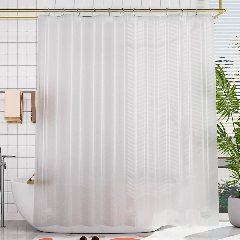 Frosted white shower curtain liner with vertical texture and full coverage