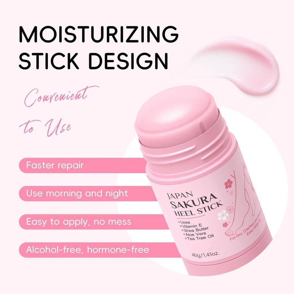 Pink moisturizing heel stick container with open cap, angled close-up view