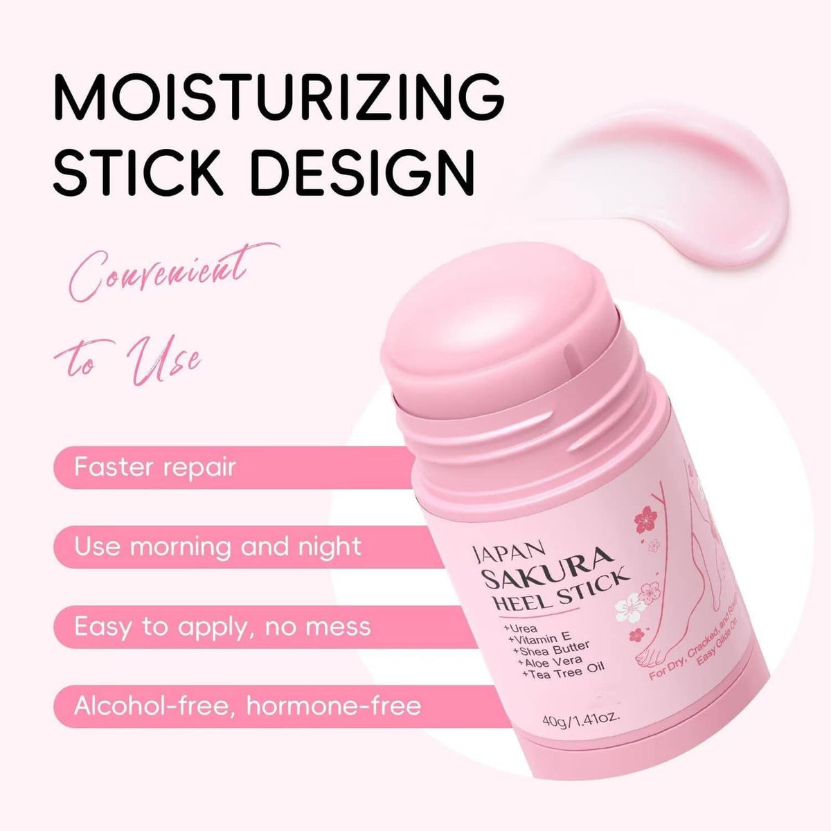 Pink moisturizing heel stick container with open cap, angled close-up view