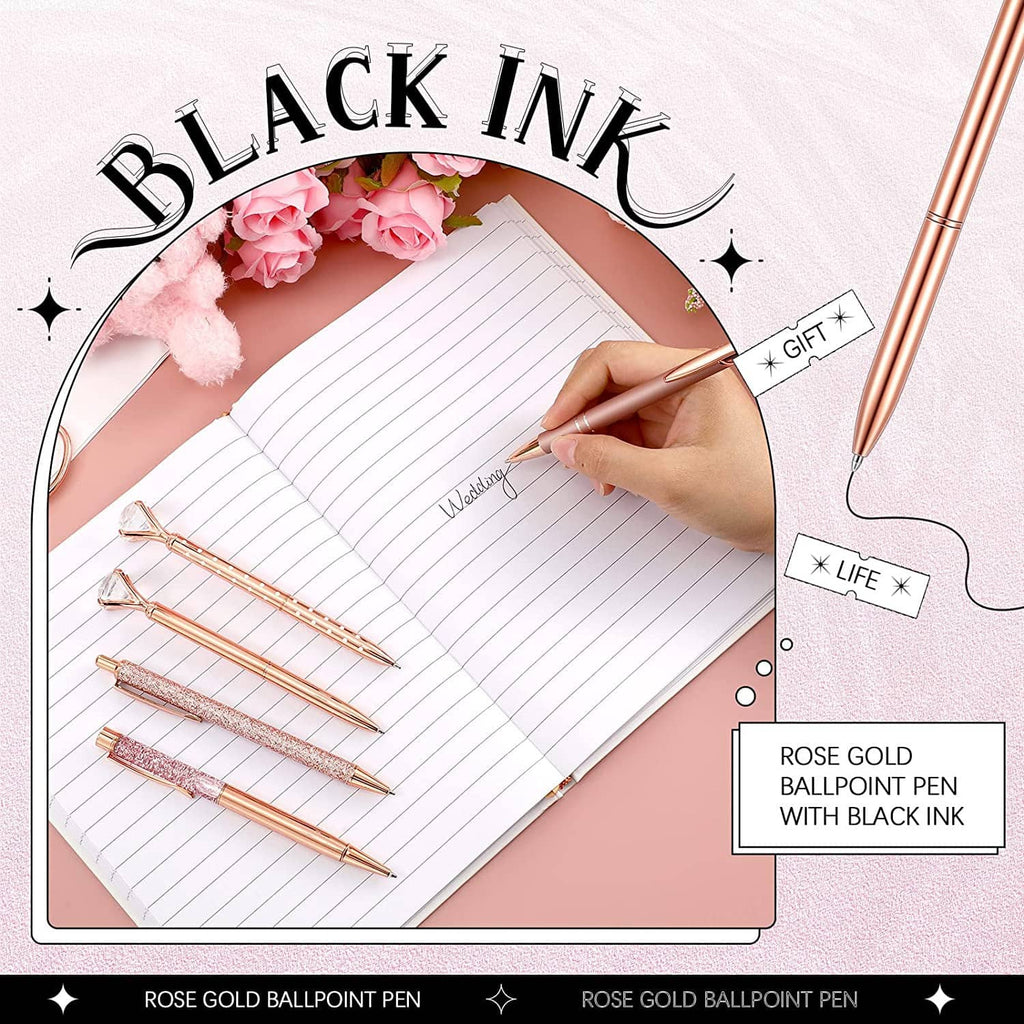 Rose gold ballpoint pens with black ink, writing on a lined notebook