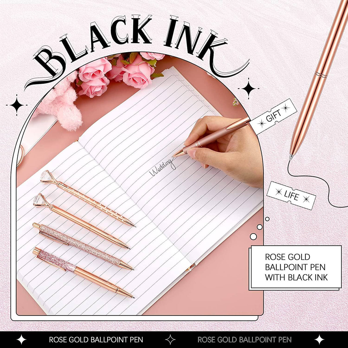 Rose gold ballpoint pens with black ink, writing on a lined notebook
