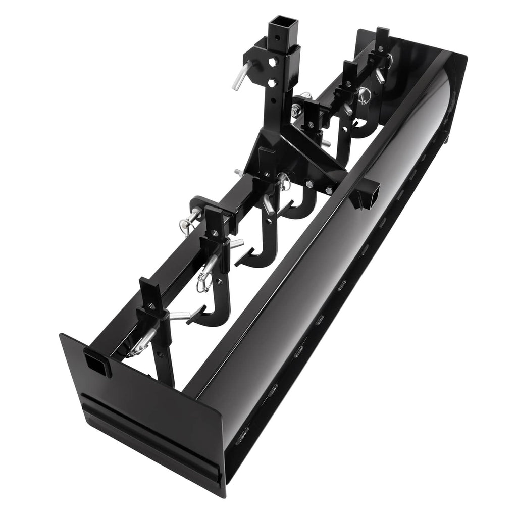 Tow-behind box scraper blade close-up with three-point hitch bracket and curved teeth