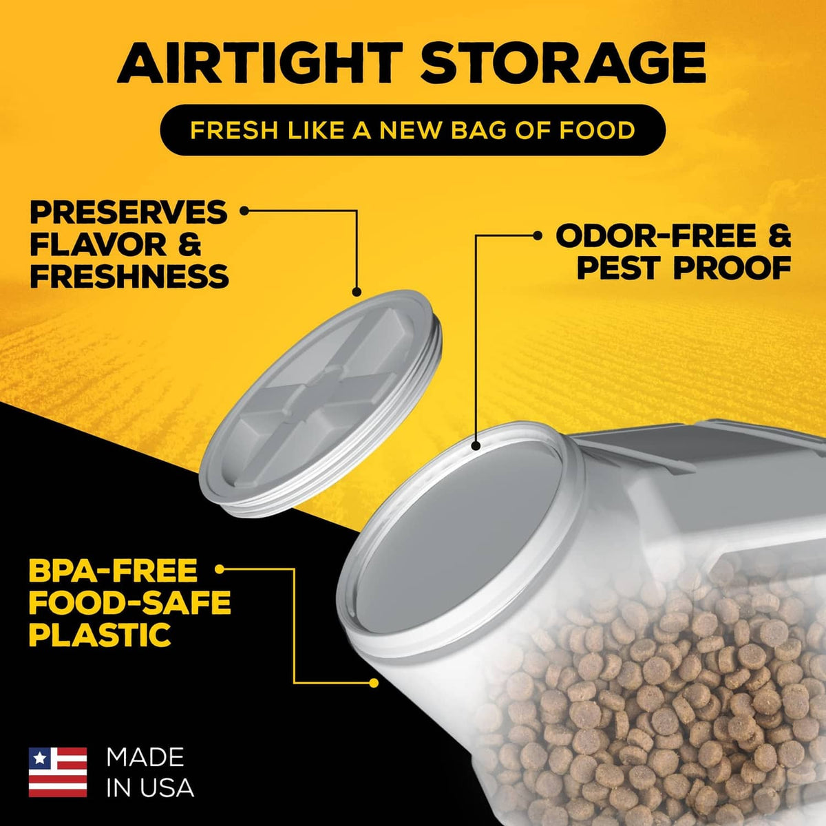 White pet food container with open lid and scoop-access opening